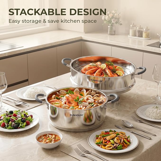 SUNHOUSE 6.3 QT Stainless Steel Steamer Pot for Cooking with Glass Lid | 2-Tier Vegetable & Dumpling Food Steamer Basket - Stovetop Ollas Vaporeras with Stay-Cool Handles - Tri-Ply Induction Base