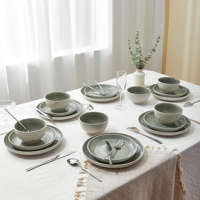 Pokini Stoneware Dinnerware Sets Service for 12, 36 pcs Reactive Glaze Plates and Bowls Sets, Handmade Ceramic Dish Set, Highly Chip and Crack Resistant Modern Plate Set, Gradient Green