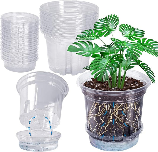 MIXC 12 Pack 5 Inch Self Watering Pots for Indoor Plants with Wicking Rope | Clear Plastic, With Drainage Holes & Deep Reservoirs, Root and Water-Level Visibility, Up to 7-Day Water Supply, Reusable