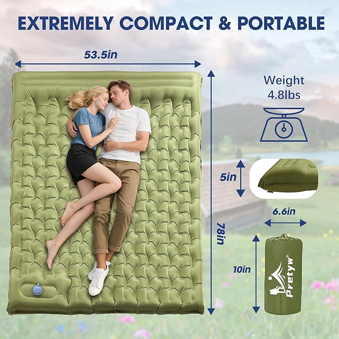 Double Sleeping Pad for Camping - 5" Ultra-Thick Camping Mattress with Pillow, Built-in Foot Pump, Compact 2-Person Portable Camping Mat for Backpacking, Hiking, Car Traveling, Beach, Tent