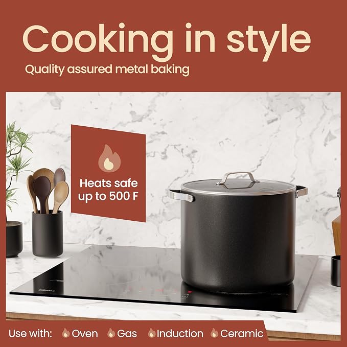 Bakken 12.5 Quart Ceramic Coated Stock Pot with Lid, Easy Clean Nonstick Pot, Tempered Glass Lid, Riveted Stainless Steel Handles, Oven Safe Up To 500°F, PTFE & PFAS Free, All Stove Compatible, Black