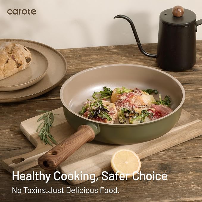 CAROTE 21pcs Ceramic Cookware Set, Pots and Pans Set, Green | Non-Toxic Healthy Kitchen Cooking Set, Easy Clean, Even Heating, Fit All Stovetops, with Silicone Lids, PFAS FREE
