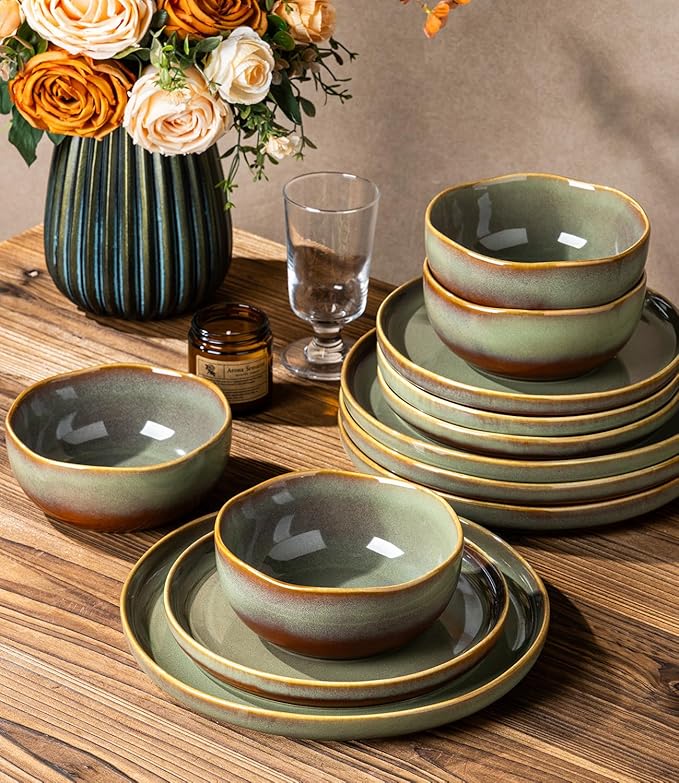 TheTerra Ceramic Dinnerware Sets for 4, 12 Pieces Handmade Reactive Glaze Plates and Bowls Sets, Scratch Resistant Dish Set, Oven & Microwave & Dishwasher Safe, Brown Green