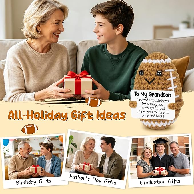BiuNiuring Mini Funny Grandson Gifts from Grandma Grandpa, Handmade Crochet Mini Football Grandson Birthday Gifts from Grandparents, Grandson Present for Father's Day Cute Desk Decor