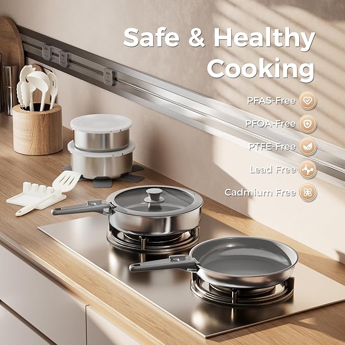 Sanho 21-Piece Pots and Pans Set, Healthy Ceramic Nonstick Cookware with Detachable Handles, Non-Toxic 4-Layer Stainless Steel & Aluminum Core, Induction RV Kitchen Set, Dishwasher & Oven Safe, Gray