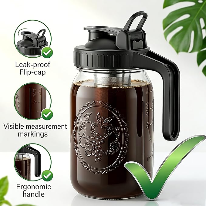 Cold Brew Coffee Maker 64 Oz Wide Mouth Mason Jar Pitcher With stainless steel Filter 2 Quart Airtight & Leak-Proof cold brew pitcher with pour spout lid and handle For iced Coffee Tea and lemonade
