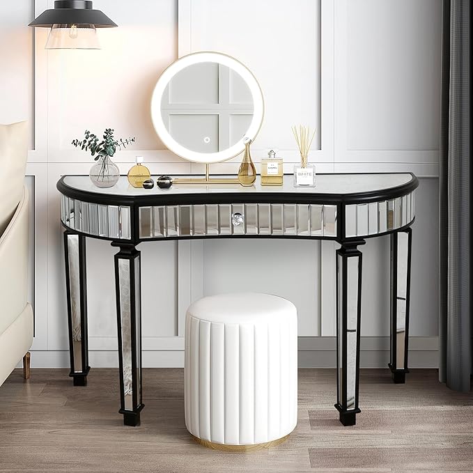 SSLine Mirror Console Table for Living Room 47" Half-Moon Mirrored Entryway Table with Fluted Glass & Crystal Knob Drawer Modern Luxury Black Silver Mirror Foyer Tables for Hallway Entrance
