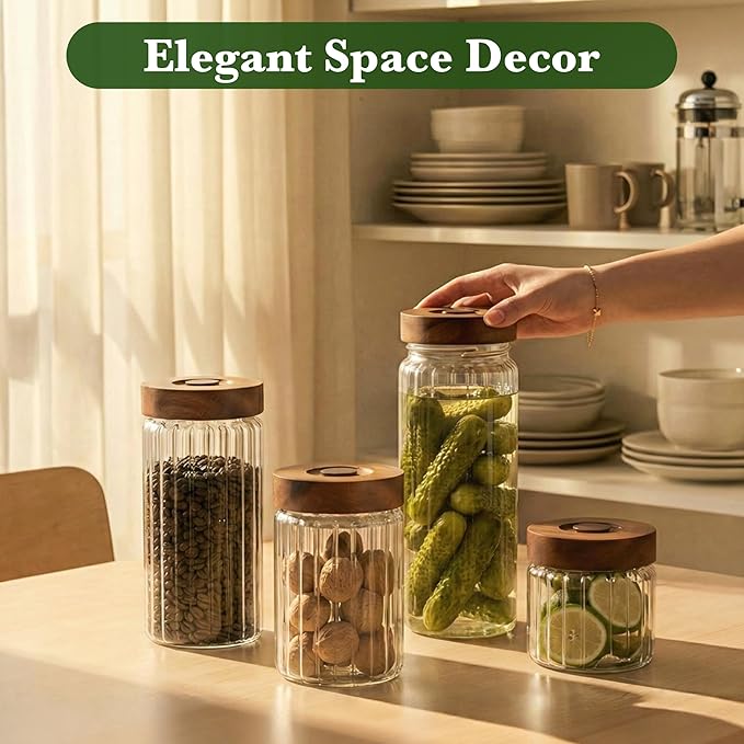 Decorative Borosilicate Glass Jar with Airtight Wooden Lid (1, Clear - Wood Lid with Valve, 54 oz/1600ml)