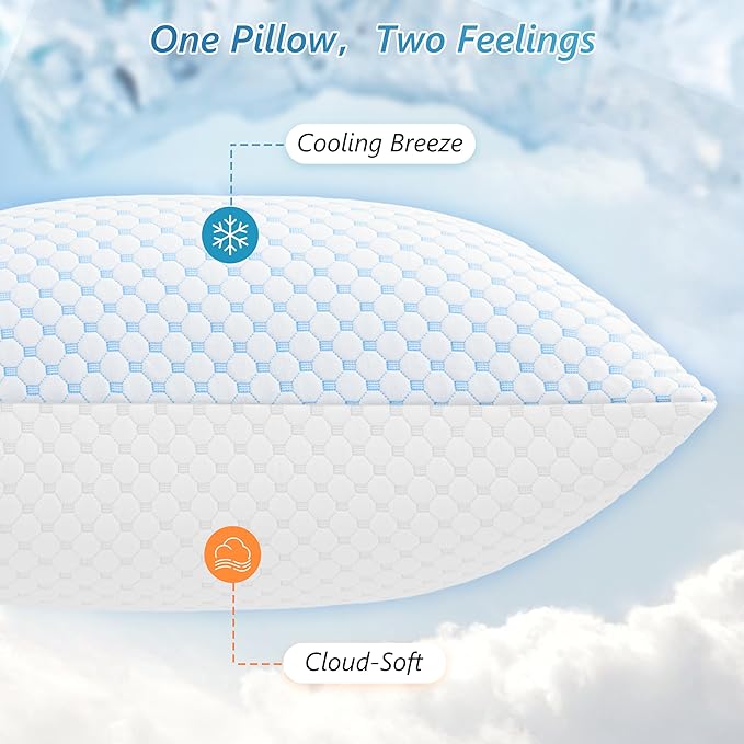 UYWO Cooling Firm Bed Pillows Set of 2, Shredded Memory Foam Pillows for Sleeping Luxury Gel Pillows for Side Back Stomach Sleepers with Removable Washable Cover(Blue, King(U.S. Standard))