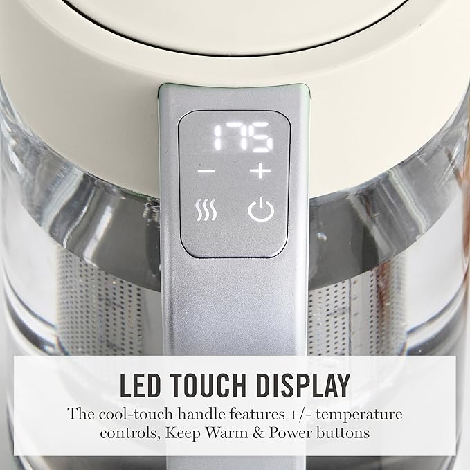 Martha Stewart Electric Kettle with Removable Stainless Steel Tea Infuser, Glass Carafe 1.7L (7 Cups), Hot Water Boiler, 4 Presets, Keep Warm & Auto Shut-Off, Cordless 360° Swivel Base, Linen White