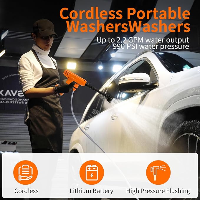 Cordless Pressure Washer,1200PSI Portable Power Washer with 4Ah Battery&Charger,6-in-1 Nozzle,5 Meter Hose,Handheld High-Pressure Car Washer for Cars/Yard/Home/Floor (Orange)
