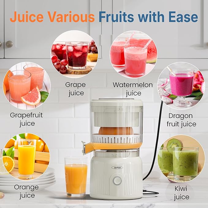 Electric Citrus Juicer, 90W High-Speed Juice Squeezer with 15,000 RPM Pure Copper Motor, Efficient Orange and Lemon Juicer for Soft Fruits, Compact Design with Easy Cleaning, White