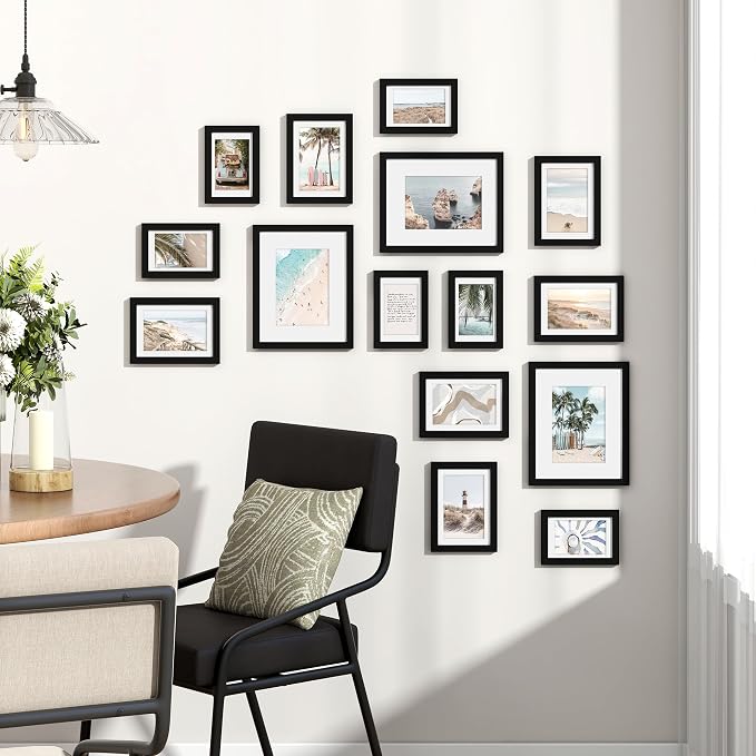 Venusmiles 15 Pack Picture Frames Collage Wall Decor, Gallery Frame Set for Wall Mounting or Tabletop Display, Multi Sizes Including 3pcs 8x10, 6pcs 5x7, 6pcs 4x6, Black
