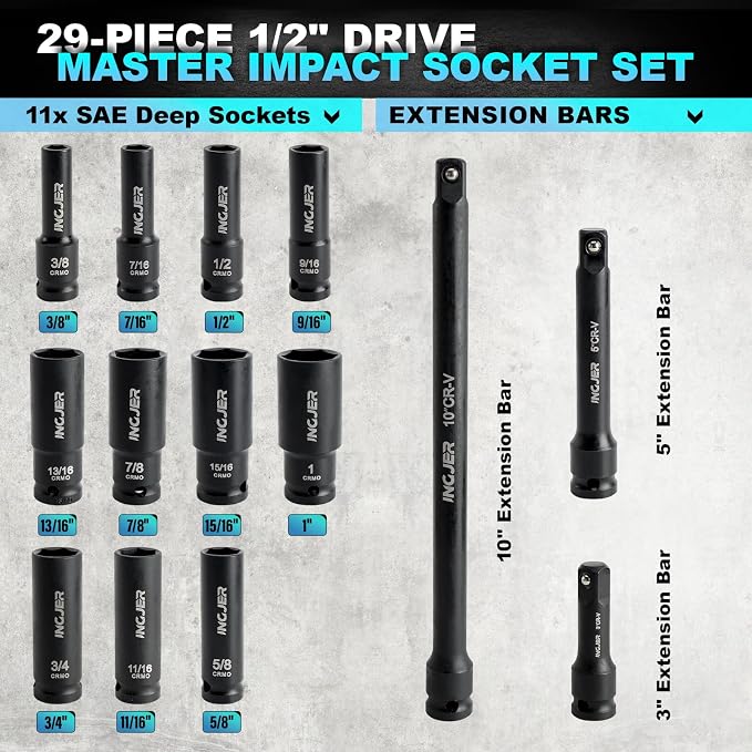 1/2" 29PCS Impact Socket Set, Upgrade CR-MO 6 Point Socket Set,SAE (3/8"-1") & Metric (10-24mm), Standard & Deep Sockets with Extension Bars, High Torque, Ideal for Truck Bearing Locknut.