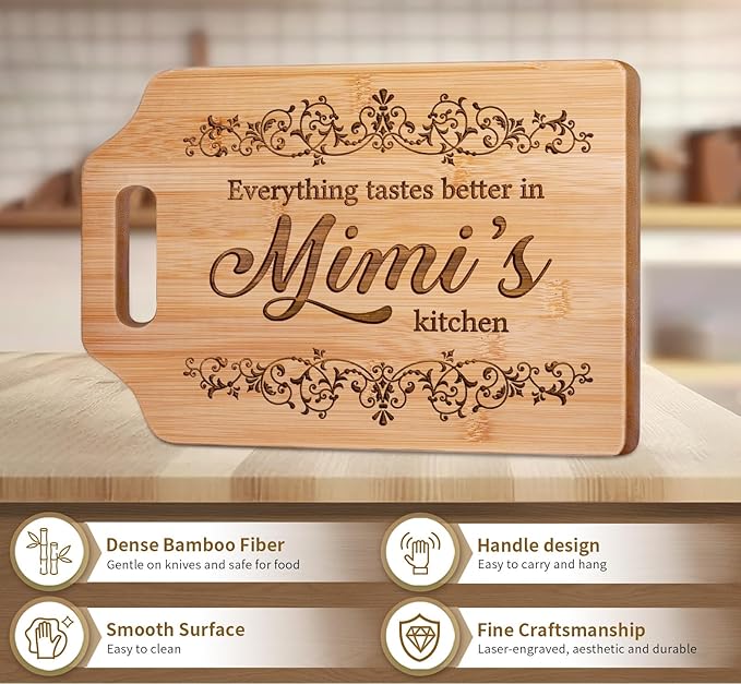 AceThrills Mimi Gifts for Mimi Mothers Day Gifts for Mimi's Birthday - Engraved Bamboo Cutting Board 12.3"L x 8.7"W x 0.4"Th