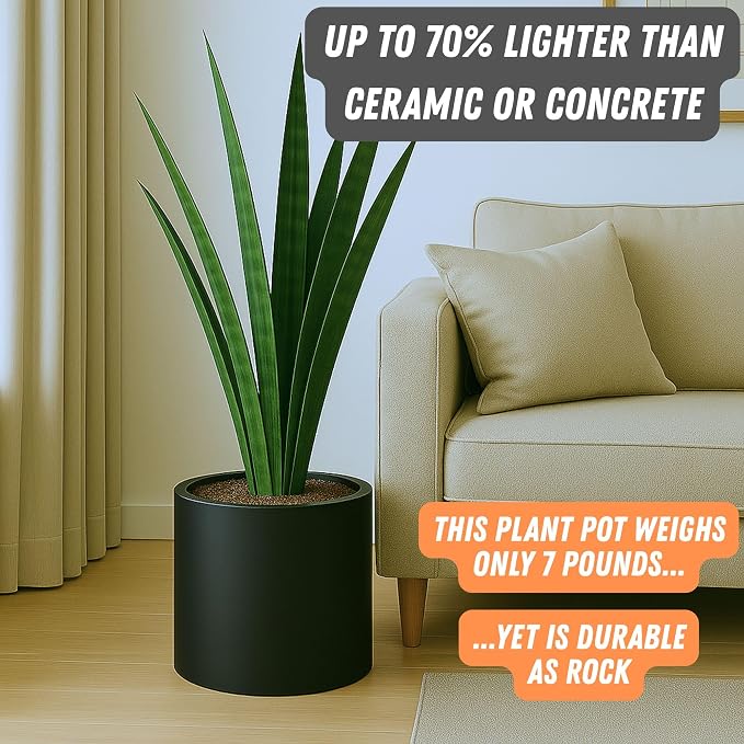 Fox & Fern Large Indoor Planter, Modern Large Plant Pot for Indoor or Outdoor, UV and Frost Resistant - 12 Inch, Matte Black Flower Pot with Drainage Plug, Lightweight