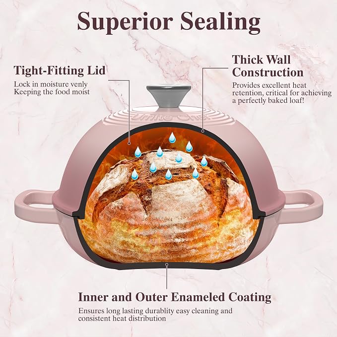 Cast Iron Dutch Oven Pot with Lid, Round Bread Oven for Sourdough Bread Baking, Umite Chef Enameled Cast Iron Bread Oven with Dome Lid & Cotton Potholders for Sourdough, Pink, 6 Quarts