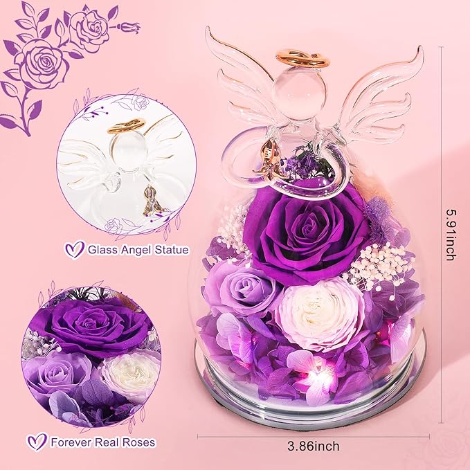 Gifts for Mom Birthday Gifts for Women Preserved Rose Forever Flower in Glass Angel Figurines Fresh Flowers for Delivery Anniversary Mothers Day Real Colorful Roses for Grandma Her Wife from Daughter