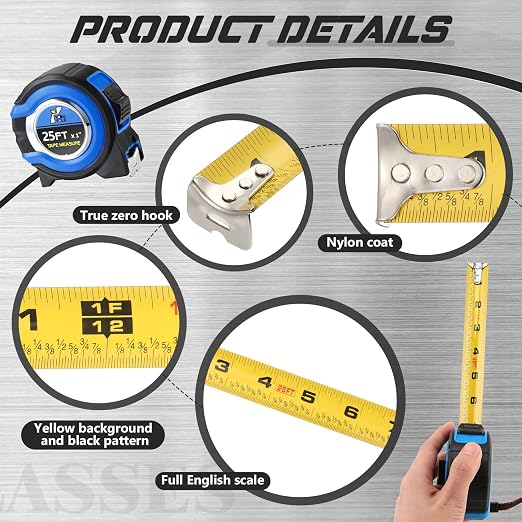 Youyole 12 Pack Tape Measure with Fractions 1/8 Steel Measuring Tape Retractable Easy Read Measurement Ruler Steel Power Blade (25 ft X 1 in,Blue)