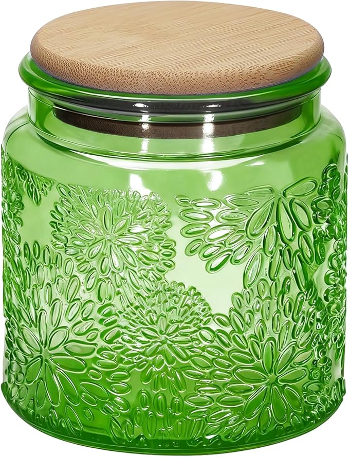1Pc Snowflakes Style Vintage Glass Candy Jar with Airtight Bamboo Lid, Kitchen Storage Canister for Sugar, Coffee, Tea, Cookies, Bath Salt - Decorative Mason Jar for Pantry & Counter (1, Green, 17oz)