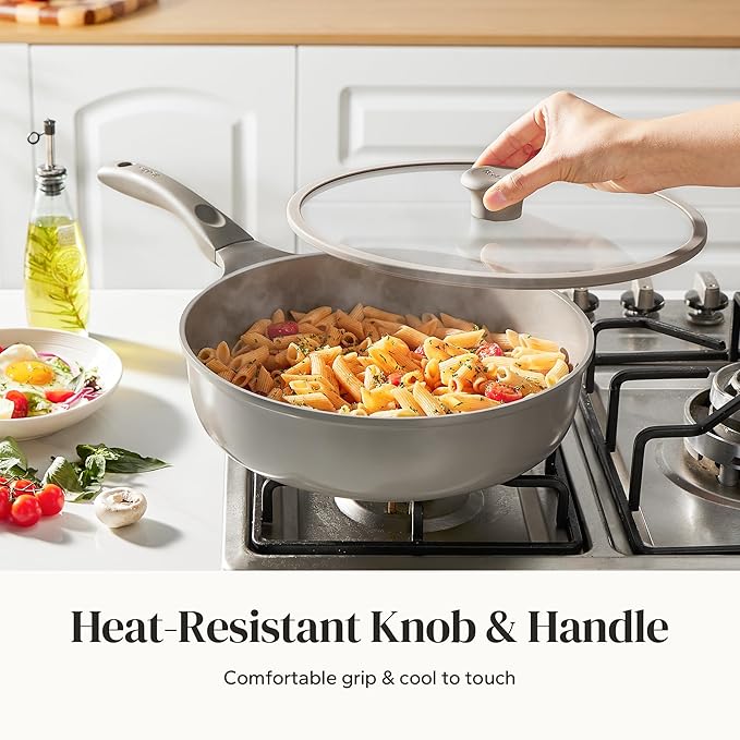 Redchef Deep Ceramic Frying Pan with Lid, Nonstick Saute Pan Cookware All Cooktop Compatibility, Stay-Cool Handles, PFOA Free, Healthy Coating, Tempered Glass Cover, Even Heat, Grey