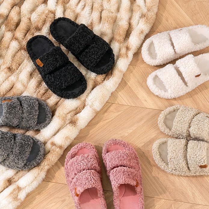 EverFoams Womens Fuzzy Open-toe Slippers Soft Comfy Memory Foam Indoor House Shoes