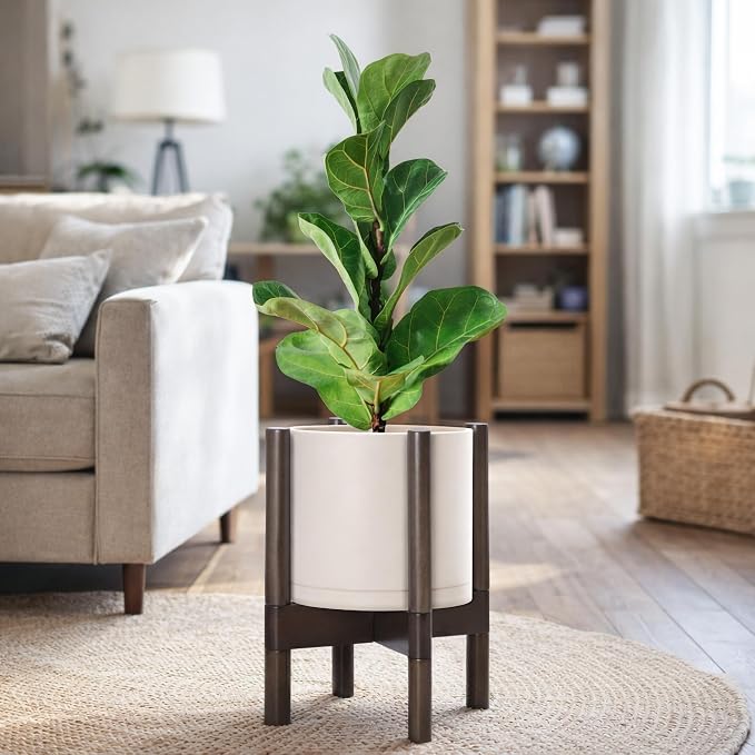 D'vine Dev Plastic Pot with Walnut Wood Stand, Oatmeal, 8 in, 55-C-I-4 | Mid-Century Inspired Design, Elevated Plant Display, Clean Lines, Sturdy Support, Modern Space-Saving Style