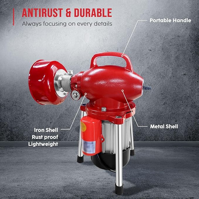 Drain Cleaner Machine 40FT, 350W 2 Cables, Electric Drain Auger for 3/4" to 4" Pipes, Electric Drain Auger with 6 Cutters for Toilet, Sewer, Bathroom, Sink and Shower