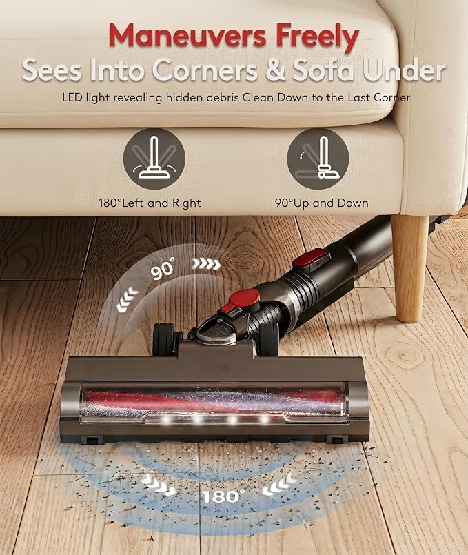 RONEAIR Cordless Vacuum Cleaner, 40Kpa Vacuum Cleaners for Home, 45Mins Stick Vacuum with Bendable Wand, Anti-Tangle & 1L Dust Cup, Lightweight Vacuum for Hardwood Floor Carpet Pet Hair