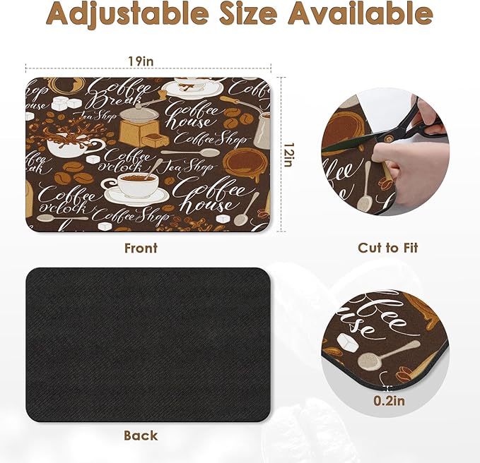 Arttown Coffee Mat for Countertops, Tea Retro Vintage Cafe Brown Dish Drying Mat 2 Pcs for Kitchen Bar Accessory, Fit Under Coffee Maker Espresso Machine Dish Rack Hide Stain 12x19in