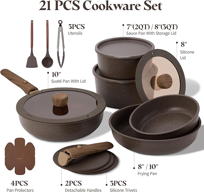 CAROTE 21PCS Pots and Pans Set Non Stick with Detachable Handle, Nonstick Cookware Sets, Cooking Kitchen Set, Oven/Dishwasher Safe, Induction Cookware, Brown, RV Kitchen Pot and Pan