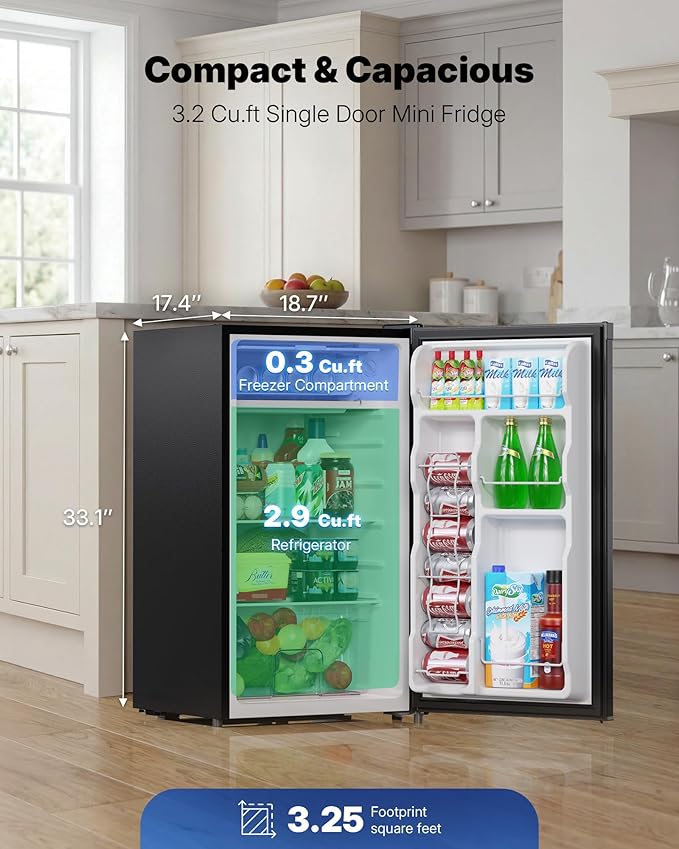 Upstreman 3.2 Cu.Ft Mini Fridge with Freezer, Quiet Efficient Small Fridge, Compact Refrigerator with Adjustable Thermostat, for Dorm, Bedroom, Office, Black-BR321