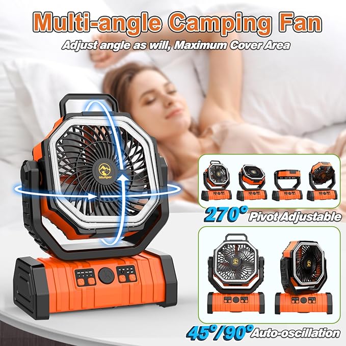20000mAh Rechargeable Camping Fan, Auto-Oscillating Portable Fan for Camping with Remote & LED Lantern, 4 Speeds Battery Powered Fan with Hanging Hook & Timer for Tent, Travel, Outdoor, Home, RV