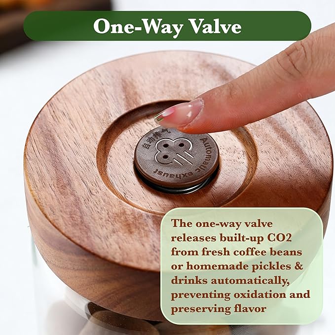 Decorative Borosilicate Glass Jar with Airtight Wooden Lid (1, Clear - Wood Lid with Valve, 54 oz/1600ml)