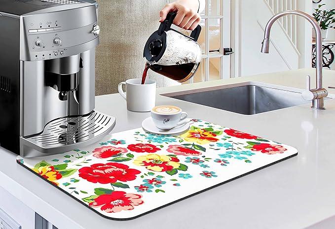 Coffee Bar Mat Accessories for Countertop Pioneer Flower Absorbent Hide Stain Rubber Backed Dish Drying Mats for Kitchen Counter Draining Pad Decor Gift Fit Under Coffee Maker (20x12in)