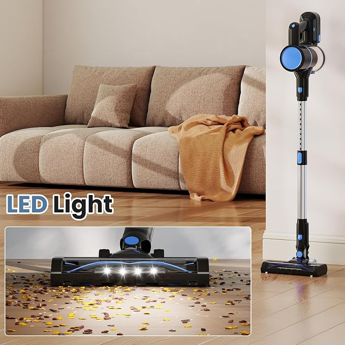 OLIXIS Cordless Vacuum Cleaner, Rechargeable Upright Cleaner with Flexible Steering, Extendable Wand, LED Headlight, 3 Brushes & Wall Mount, Handheld Vacuum for Hardwood Floor Home Cleaning
