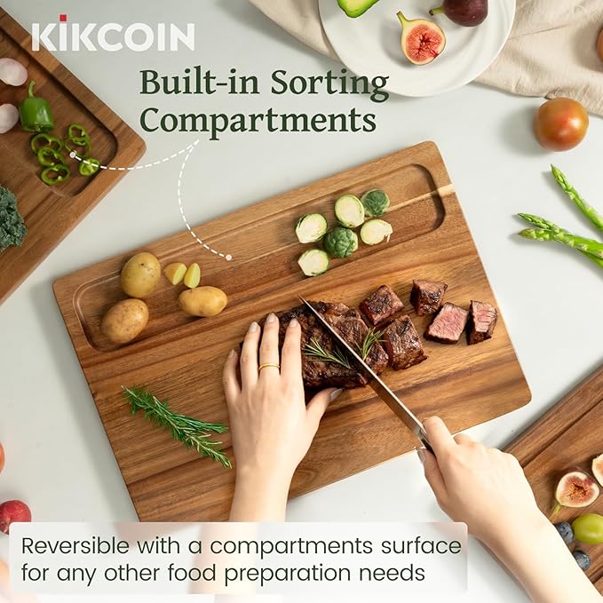 Kikcoin Acacia Wood Cutting Boards for Kitchen, 3 PCS Wooden Cutting Board Set with Holder, Chopping Board with Compartments and Juice Groove, Solid Charcuterie Boards Serving Tray Wood Butcher Block