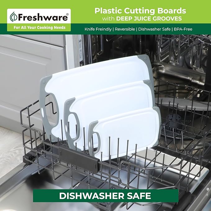 Freshware Cutting Boards for Kitchen, Chopping Board 3-Pack with Different Sizes, Juice Grooves and Non Slip Handles - Reversible, Large Cutting Board Set - Dishwasher Safe - Gray
