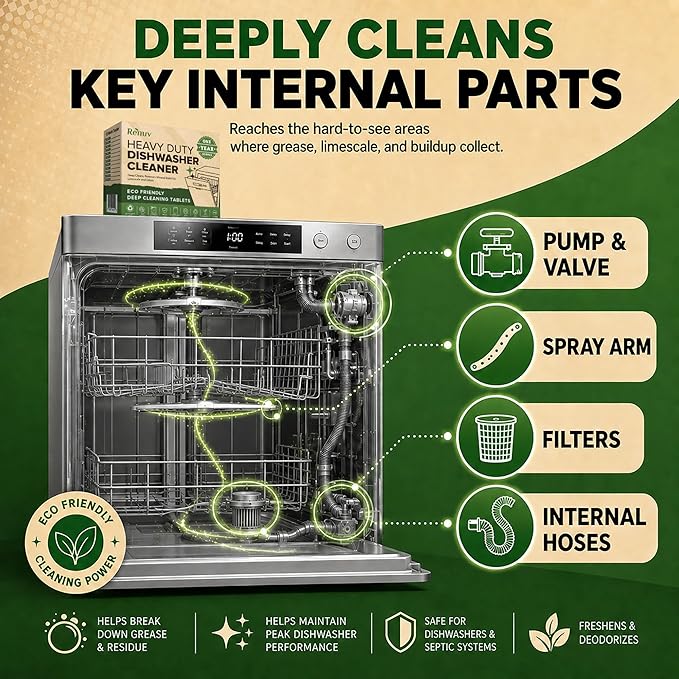 Renuv® Heavy Duty Dishwasher Cleaner & Deodorizer Tablets, Descaler, Deep Cleaning, Natural Odor & Smell Remover, Calcium, Limescale, Hard Water Marks, Grease, Septic Safe Pods (12 Tabs 1 Yr Supply)