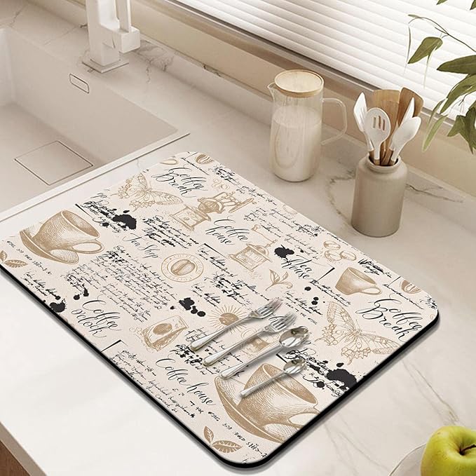 Coffee Bar Mat Accessories for Countertop Absorbent Hide Stain Rubber Backed Dish Drying Mats for Kitchen Counter Draining Pad Decor Gift(24x18in)