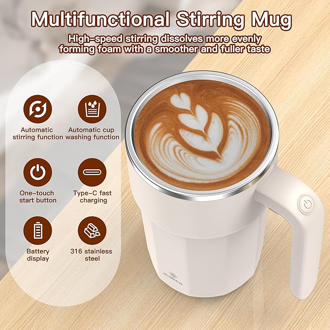 Self Stirring Coffee Mug, 12oz Rechargeable Magnetic Mixing Cup, 316 Stainless Steel Electric Stirring Cup with Lid & Handle for Coffee, Cocoa, Matcha, Creamer, Mushroom Coffee, Cream