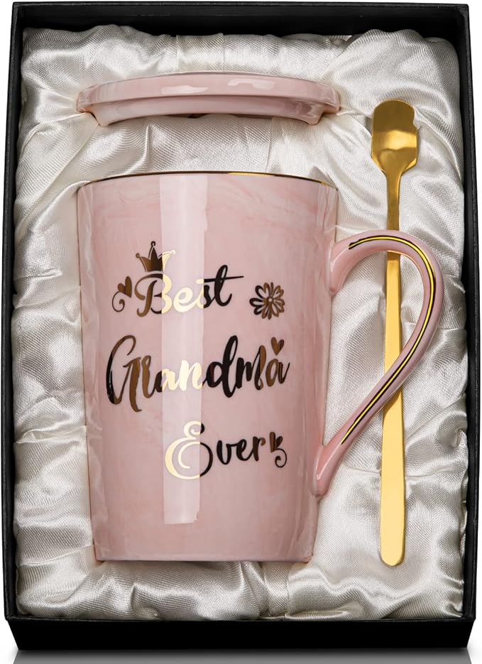 Grandma Gifts for Grandma, Mothers Day Birthday Gift for Grandmother from Granddaughter Grandson - 14Oz Pink Marble Ceramic Coffee Mugs Print with Real Gold - Lid Spoon Card, Box