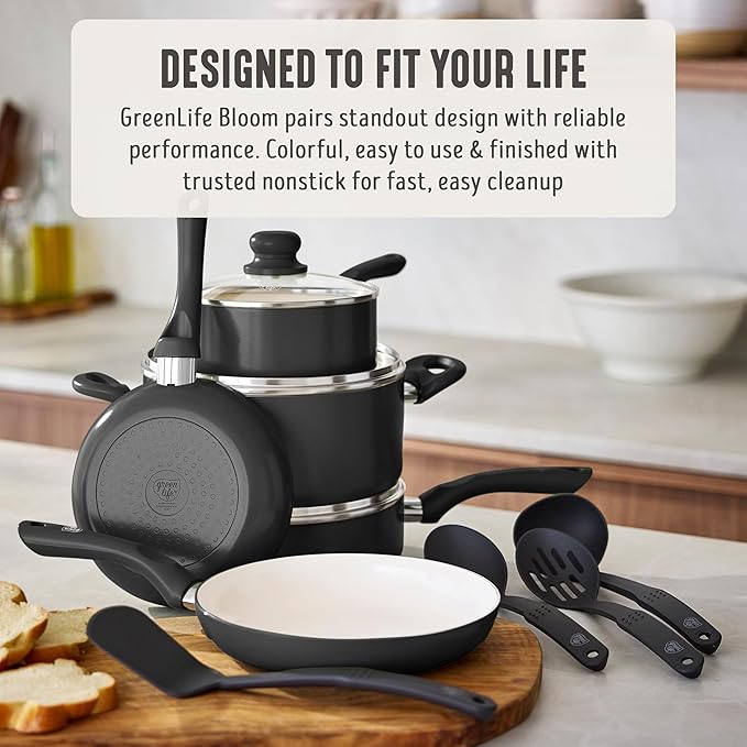 GreenLife 16-Piece Nonstick Cookware Set, Non-Toxic Ceramic Pots and Pans Set, Durable Healthy Kitchen Essentials, Fast Heating, Induction Ready, Easy Clean Dishwasher Safe, PFAS-Free, Graphite Black