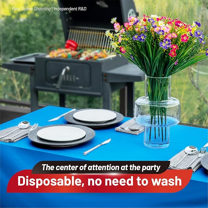 Plastic Table Cloth, 310 Ft X 54 in Disposable Tablecloth Blue Tablecloth Premium PEVA Plastic Table Cloth Disposable with Any Cut Sliding Cutters for Picnics, Parties, Birthdays, Festivals
