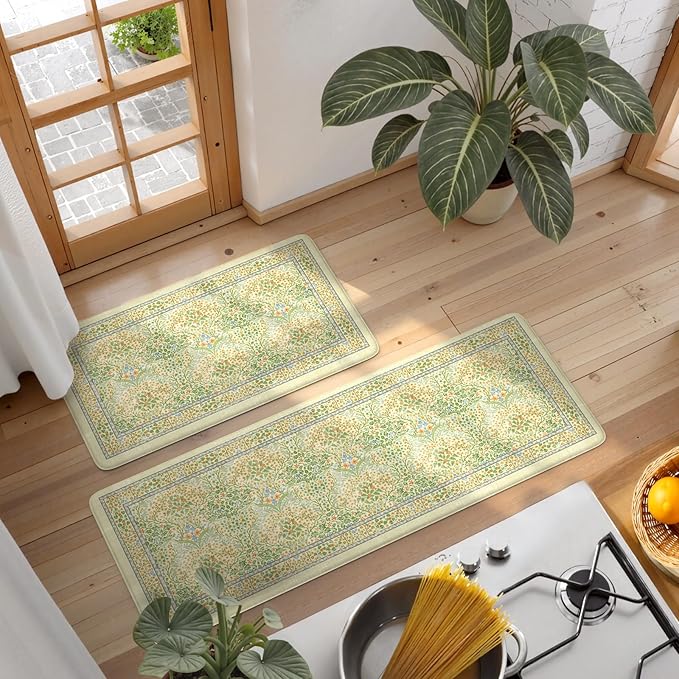 Collive Anti Fatigue Mats for Kitchen Floor, Waterproof Non Skid Kitchen Rugs Sets of 2 Vintage Floral Desk Rug, Foam Comfort Standing Mat for Office, Sink, Laundry, Light Green