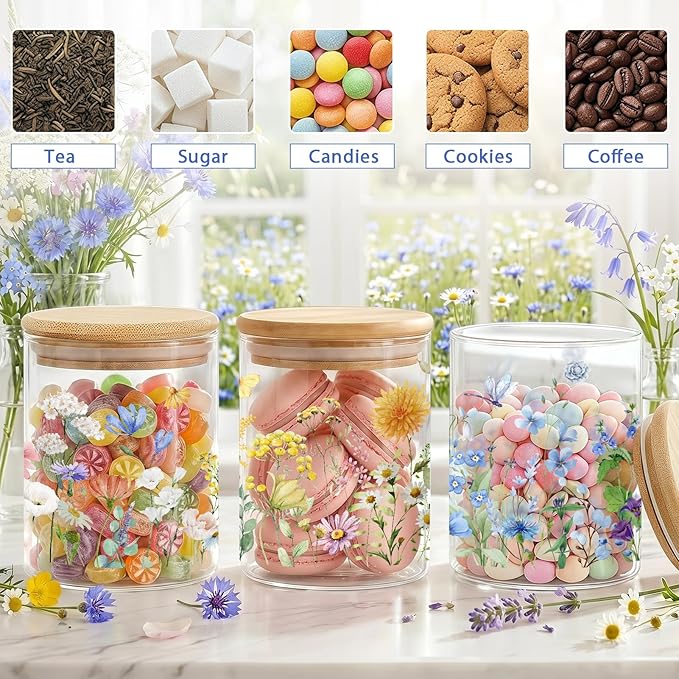 3 Pcs Spring Wildflower Glass Storage Jars with Airtight Lids Wildflower Candy Cookie Jars Gift Spring Canister Set for Kitchen Floral Counter Containers Decor for Sugar Tea
