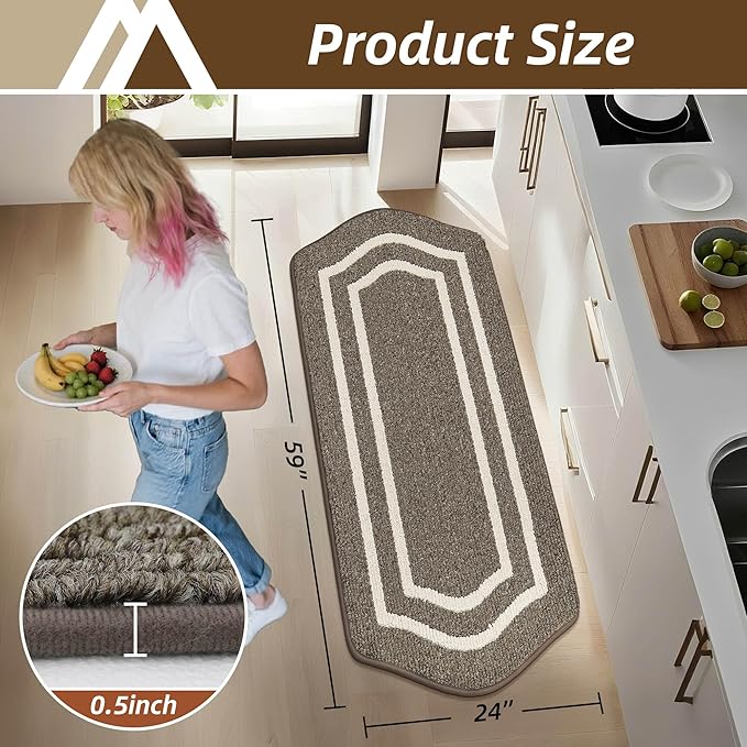 COSY HOMEER Long Kitchen Floor Mats for in Front of Sink Super Absorbent Kitchen Rugs and Mats 24"x59" Non-Skid Kitchen Mat Standing Mat Washable,Polypropylene,Brown,Frame