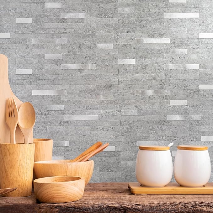 StyloVue 20 Sheets Peel and Stick Backsplash for Kitchen, Slate Gray with Metal Silver Look Stick on Tile Upgrade Your Kitchen Backsplash, RV, Fireplace
