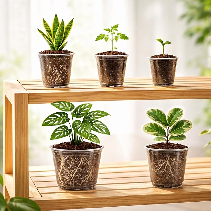 Bluepro Clear Nursery Pots with Drainage, 3.5/4/5/6/8 Inch, 20-Pack | Clear PET, 4 Each of Five Sizes, Root and Moisture Visibility, Flexible, Reusable, Seed Starting Through Repotting
