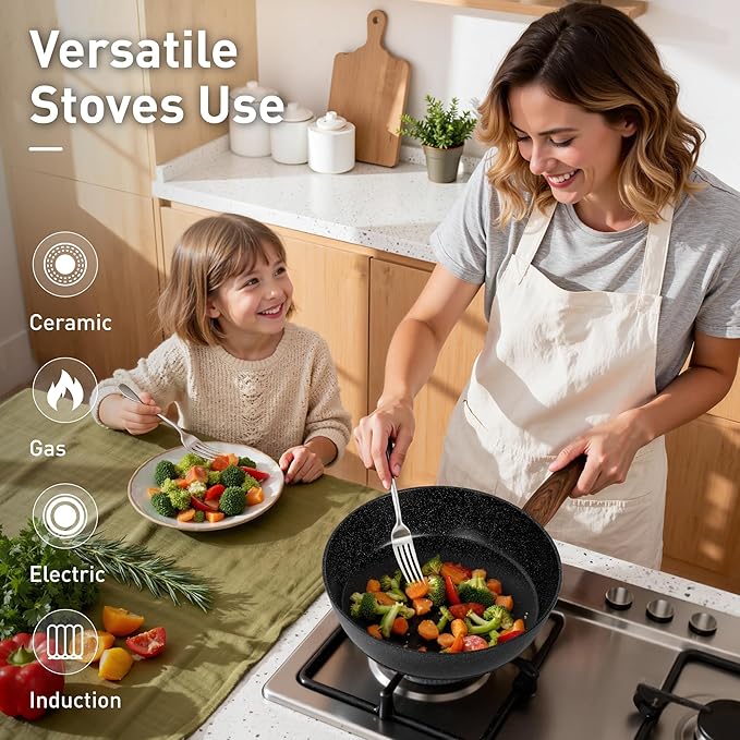 DishDelight Induction Pots and Pans Set Non Stick, 12 Piece Granite Kitchen Cookware Sets, Cooking Pot Set Nonstick Non Toxic, PFOA&PFOS Free, Black